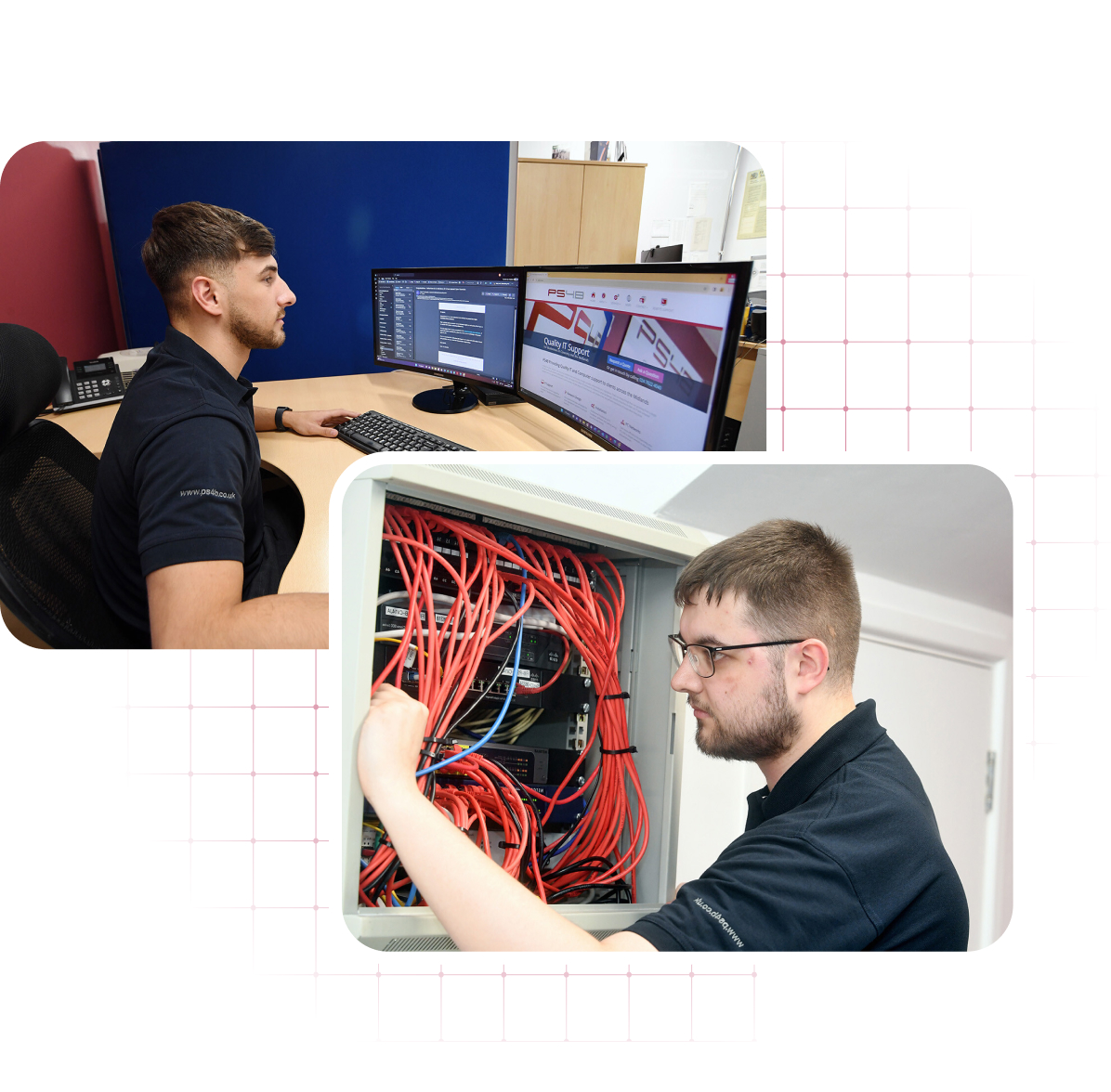 PS4B engineer monitoring systems on multiple screens and PS4B engineer working on network cabling